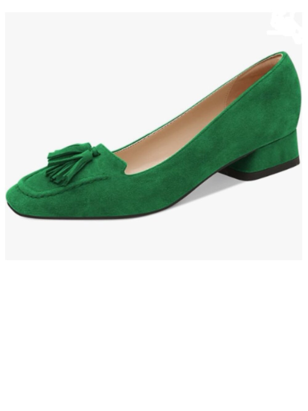 YDN Green Block Low Heel Loafer Square Toe Tassel Fringe Pump Slip On Dress Shoe